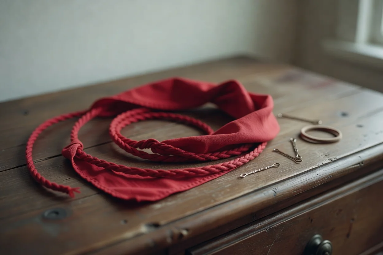 Trois bandanas en coton roulés en bandeaux fins, rouge, bleu indigo et crème, alignés sur du lin