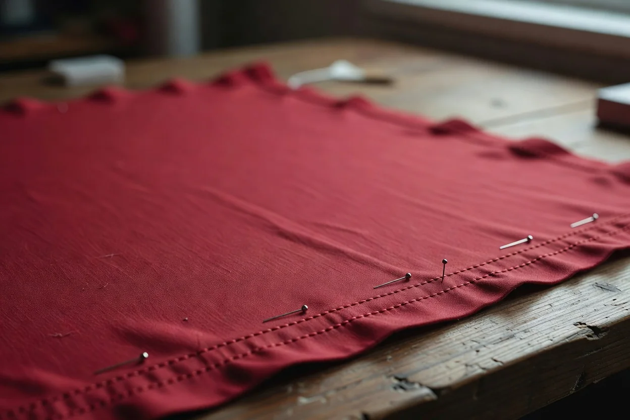 Ciseaux de couturière posés sur un coupon de coton rouge à motif cachemire, avec mètre ruban