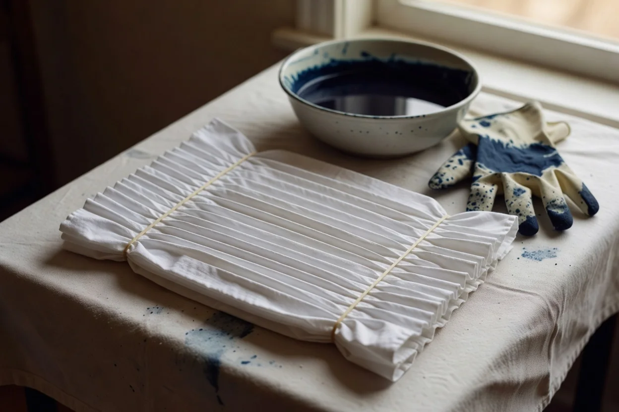 Trois bandanas en coton teintés en dégradé, bleu indigo, terracotta et vert sauge, posés en éventail