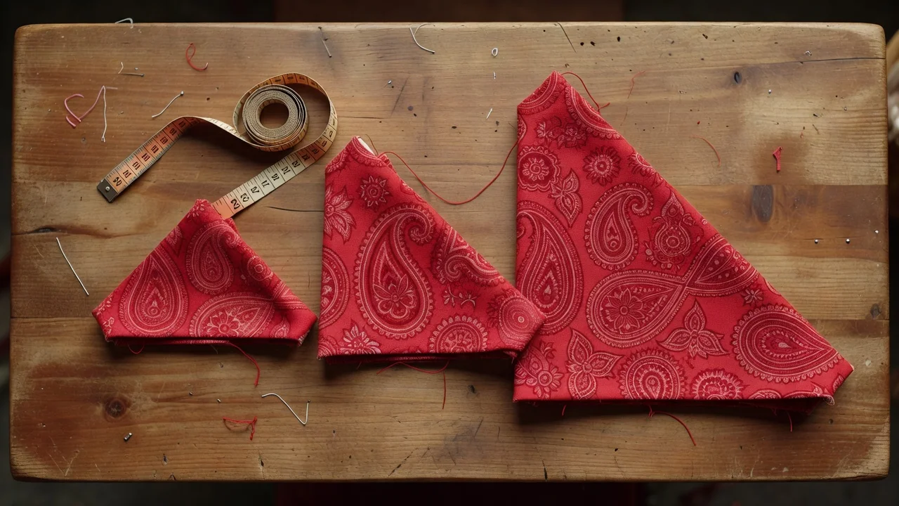 Trois coupons de tissu triangulaires de tailles croissantes avec un mètre de couturière.