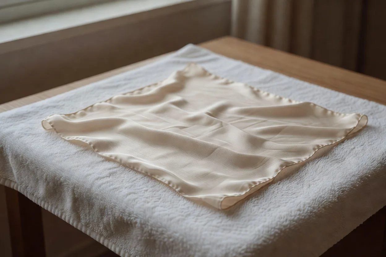 Foulards en soie et coton roulés avec soin, rangés debout dans une boîte en carton clair