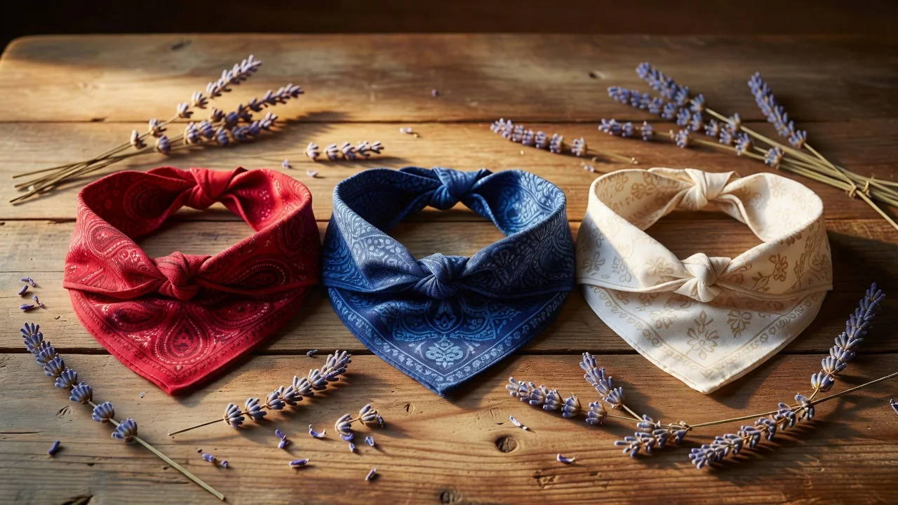 Trois bandanas pliés en bandeaux et noués, dans les tons rouge, indigo et crème.