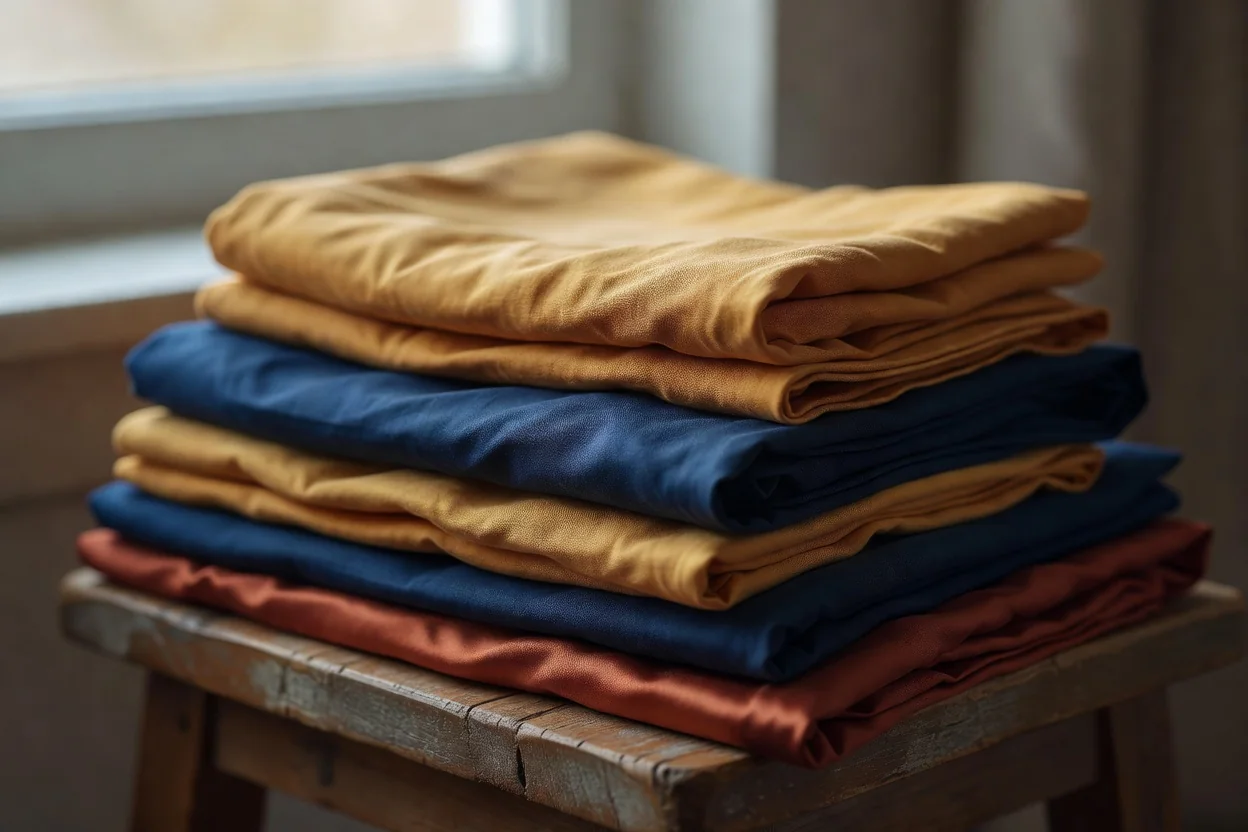 Un foulard en satin couleur miel plié en triangle, posé près d'un oreiller en lin crème