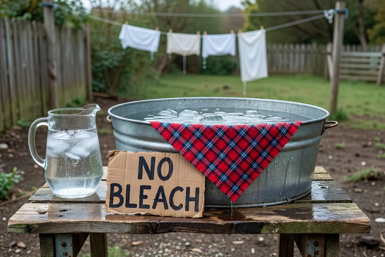 Bandana à l’envers à côté d’une bassine d’eau froide, sans javel