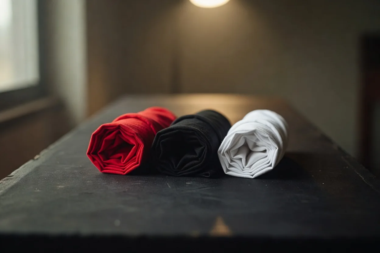 Un bandana rouge dépassant de la poche arrière d'un jean brut posé à plat
