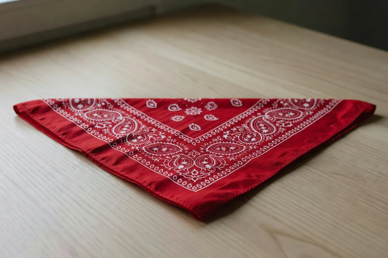 Carré de coton rouge à motif cachemire plié en triangle net, posé sur une table en bois clair