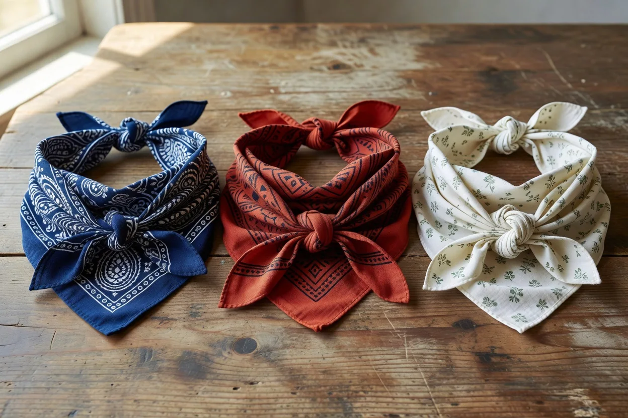 Trois bandanas pliés : front, nuque, pointe poitrine