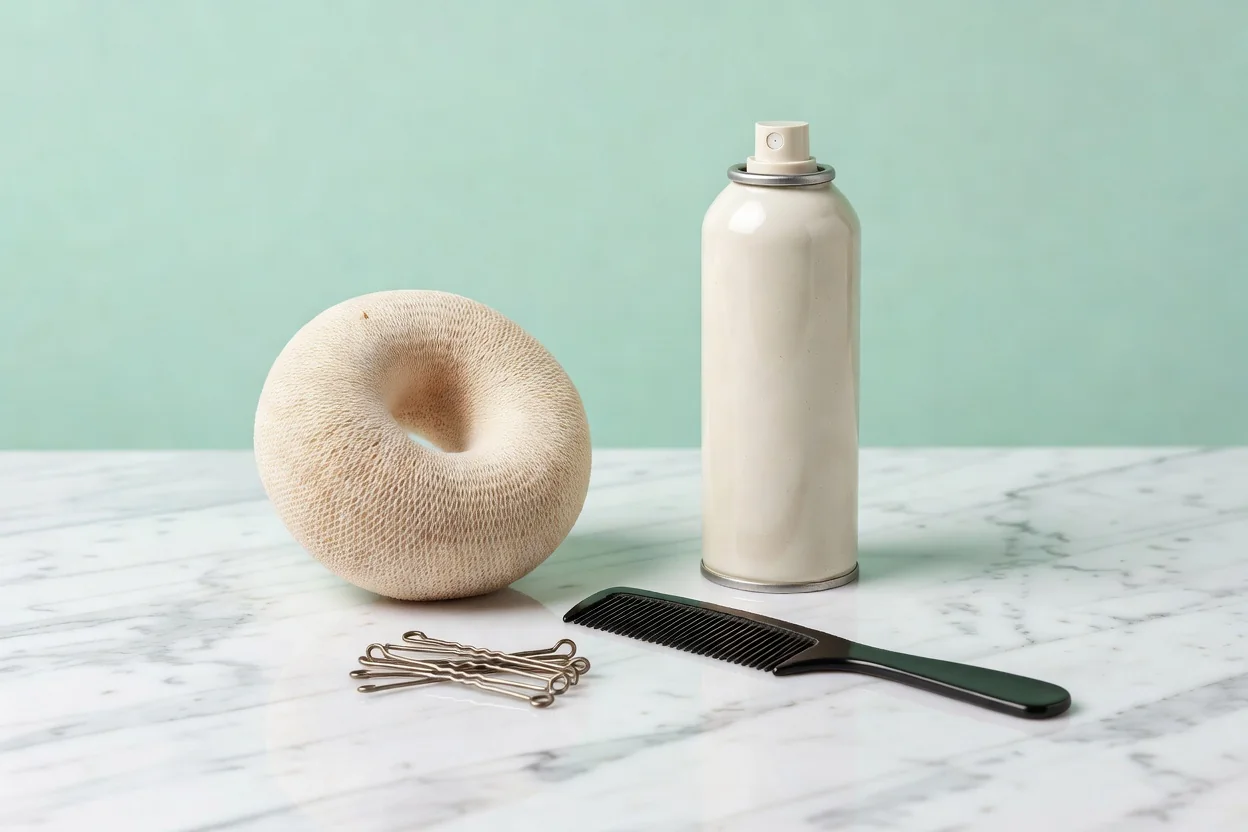 Outils de coiffure rétro : donut à chignon, épingles, peigne fin et laque sur marbre.